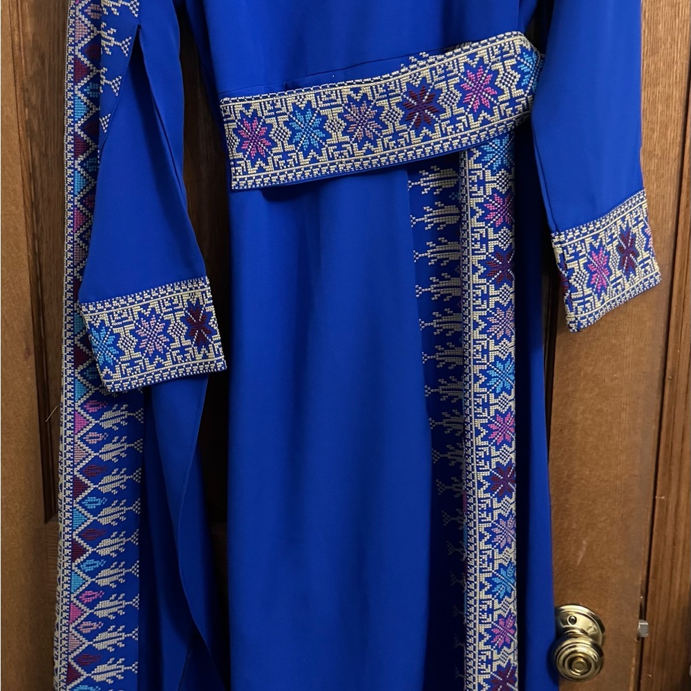 Blue Embroidered Palestinian Long Dress; tatreez, thobe